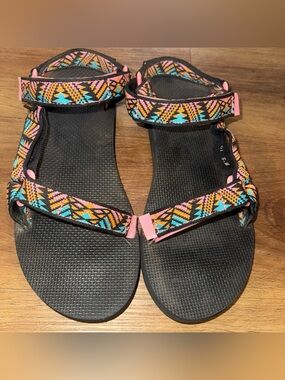 Teva Sandals Women Size 10 Original Universal Flip Flops  Pink Black Aztec